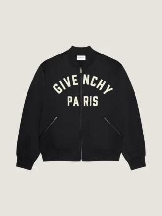 Couture-bomberjack in satijn met geborduurde Givenchy Paris-tekst
