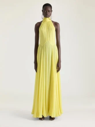 Halternek-avondjurk van zijden chiffon met strikdetail Halternek-avondjurk van zijden chiffon met strikdetail