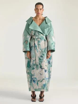 Lange jas met splitten in jacquard met rozenmotief Lange jas met splitten in jacquard met rozenmotief