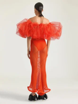 Lange jurk met ruches van mesh