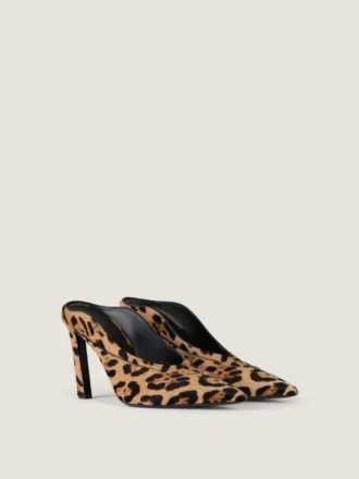 Mules met puntige hak van leer met pony-effect en luipaardprint