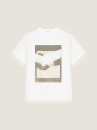 T-shirt van katoen en organza met surrealistische print